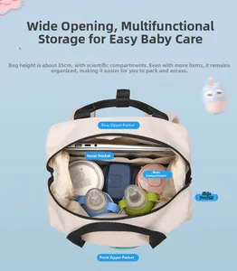 Large capacity diaper bag with 35cm height and multiple storage compartments interior