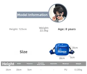 Detailed sizing chart for kids patent leather crossbody bag with dimensions and material info