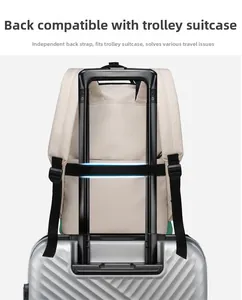 Detail of the practical trolley sleeve design on the back of this cream white diaper backpack