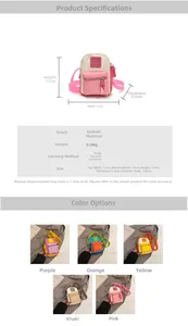 Detailed size specifications for mini crossbody bags in five colors with dimensions shown