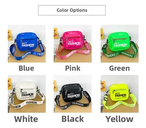 Detailed grid view showing six vibrant colors of glossy patent leather kids' crossbody bags