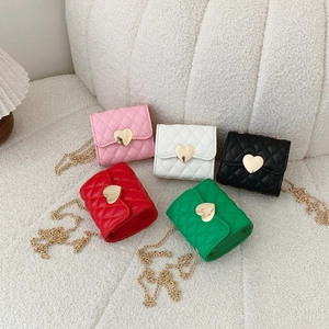 Girls Shoulder Bag PU Leather Quilted Diamond Pattern Heart Shaped Metal Lock Chain Strap Sweet Fashion Kids Crossbody