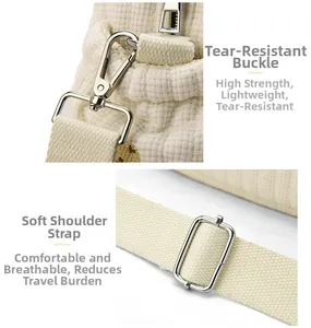 Détail de la boucle de traction et de la bandoulière en tissu gaufré pour sac à langer