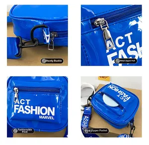 Detail view of glossy blue waist bag with ACT FASHION wide strap and durable hardware