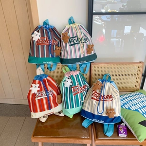 Drawstring Backpack Kids Striped Pattern With Teddy Bear Pendants Composite Cloth Casual School Bag Lightweight