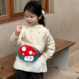 Cute mushroom-shaped kids waist bag in red and green canvas with adjustable strap