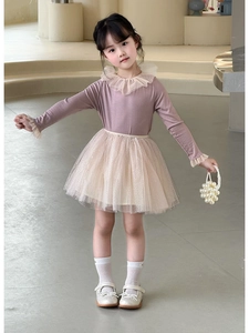 Dettaglio del top lilla a maniche lunghe e della gonna tutù color champagne per bambina