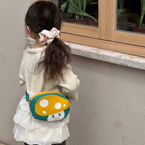 Cute cartoon mushroom crossbody bag for kids in yellow and green canvas with adjustable strap