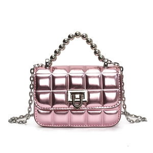 Pink metallic quilted mini crossbody bag with bead handle and silver chain strap