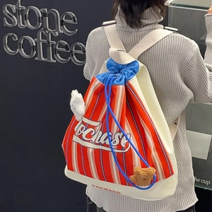 American style striped drawstring backpack for kids with cute bunny and bear charms