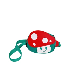 Cartoon mushroom waist bag for kids with red polka dot cap and adjustable strap