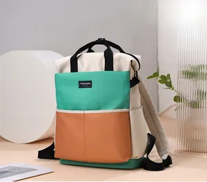 Close-up of stylish tricolor mother and baby backpack with multi-layer pockets