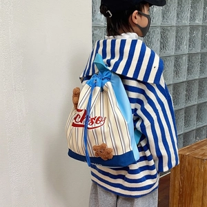 Kids American stripe canvas drawstring backpack with teddy bear pendants for toddlers