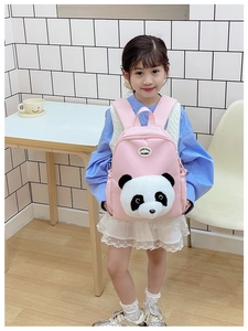 Pink toddler backpack featuring a 3D plush panda and durable canvas fabric details