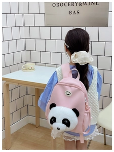 Pink children's backpack with a 3D panda plush design and Little Rabbit brand logo