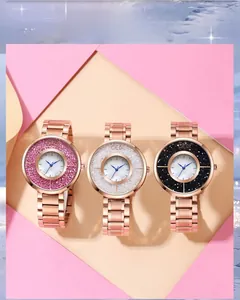 Vue détaillée des montres GEDI avec lunette en diamant et cadrans en nacre colorés