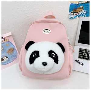 Detail of cute pink kids backpack with 3D plush panda head and canvas side pockets