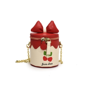 Mini sac seau pour filles avec imprimé cerises, nœud rouge et bandoulière chaîne dorée
