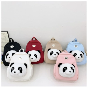 Detailed row of kids panda backpacks in black red khaki blue white and pink colors