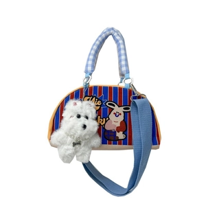 Sac à main enfant rayé avec motif lapin de dessin animé et breloque en peluche blanche