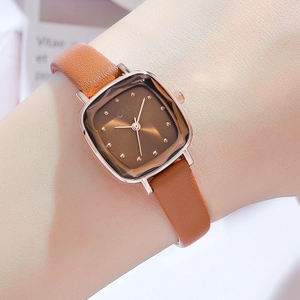 Elegant GEDI women's square quartz watch with rose gold case and brown leather strap