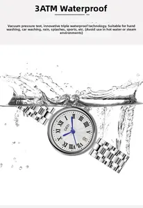 Close-up of women's stainless steel watch with white dial and dynamic water splash effect
