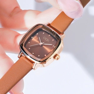 Vintage square GEDI quartz watch for women with brown sunray dial and leather strap
