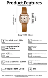 Detailed specs showing the 23mm rose gold square case and brown leather strap of quartz watch