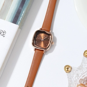 Retro small square quartz watch with brown leather strap and rose gold case for women