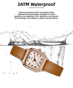 Detailed view of GEDI square women's watch showing 3ATM waterproof feature in water