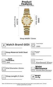 Tableau des tailles pour montre GEDI quartz femme avec bracelet acier et cadran de 26mm