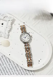 Macro shot of two-tone steel watch with Roman numerals on white sunburst dial