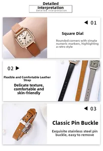 Detailed macro view of the square dial with Arabic numerals and slim leather strap