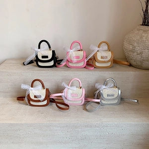 Mini Sac À Bandoulière En Paille Et Cuir PU Pour Filles Nœud En Dentelle Doux Couleur Contrastée Sac À Main Enfants