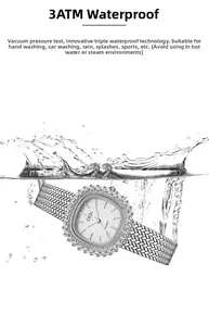 Detalle de reloj de cuarzo resistente al agua con bisel de cristal y malla de plata