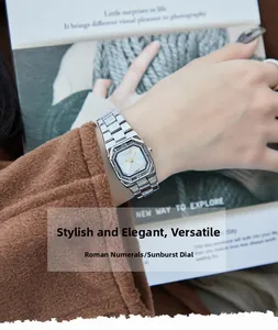Close-up of Gedi square watch featuring a sunray dial and gold Roman numerals on wrist