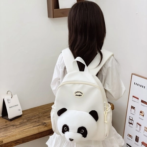 Cute 3D panda backpack for kids in white nylon with adjustable wide straps and soft plush head