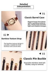 Détails de montre à quartz ovale avec cadran rayon de soleil et bracelet en cuir