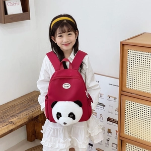 Cute red kids panda backpack with 3D plush panda face for kindergarten school girls