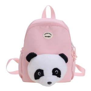 Pink canvas children backpack with a cute 3D plush panda head for school kids