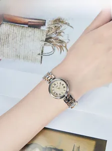 Elegant two-tone stainless steel quartz watch with Roman numerals on female wrist