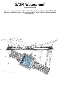 Detail of square mother-of-pearl watch with 3ATM water resistance and splash effect