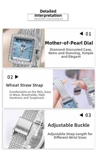 Detail of blue mother-of-pearl dial and silver wheat-weave stainless steel strap watch