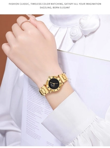 Détail d'une montre élégante en acier doré avec cadran noir et chiffres romains sur poignet