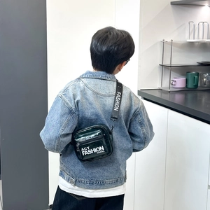 Kids trendy dark green patent leather crossbody bag with wide letter print strap