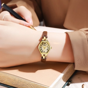 Gedi vintage small tonneau ladies watch with gold case and brown leather strap