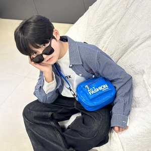 Blue patent leather crossbody bag for kids with adjustable wide strap and letter print