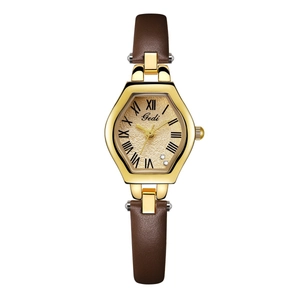 Vintage gold tonneau quartz watch for women with brown leather strap and Roman numerals