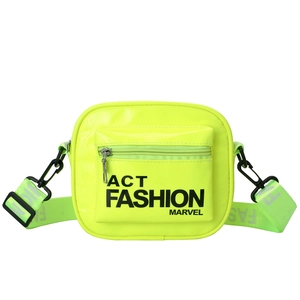 Neon green glossy mini crossbody bag for kids with black fashion logo and strap