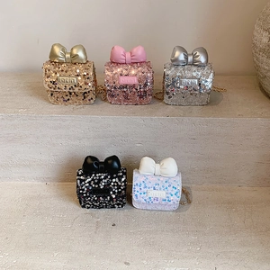 Kids Sequin Crossbody Bag Mini PU Leather Shoulder Handbag With Big Bow Metal Chain For Girls Fashion Party